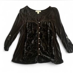 American Vintage Black Cotton Velvet Lace Trim Blouse Large